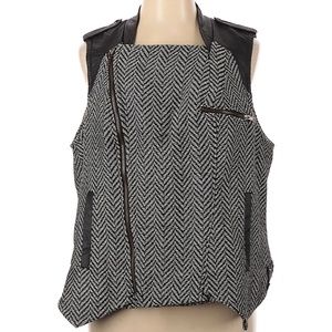 Grey black tweed moto houndstooth faux leather vest jacket
